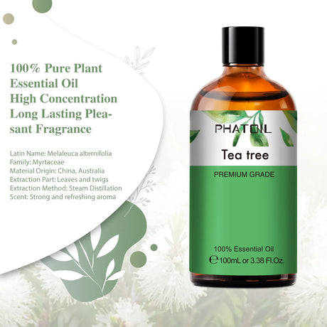 Tea tree essential oil bottle with label on a white background