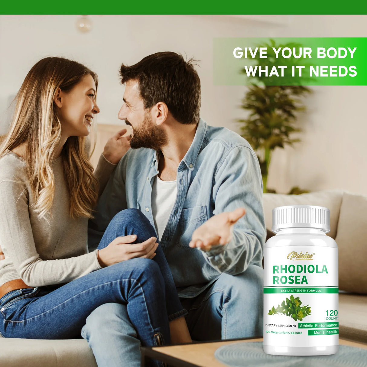 Couple sitting on a couch with a bottle of Rhodiola Rosea supplement in the foreground.