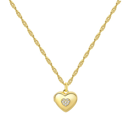 Gold heart-shaped necklace with a diamond accent on a white background