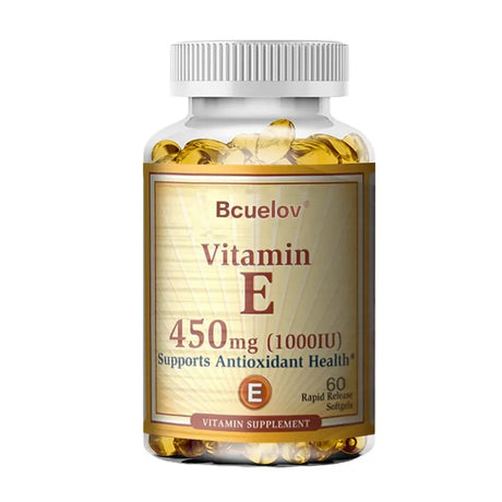 Bottle of Bcuelov Vitamin E supplement on a white background