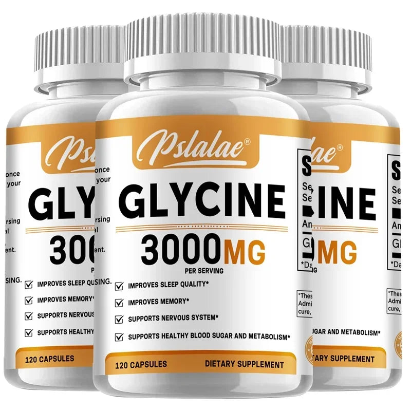 Three bottles of Psylalae Glycine 3000mg dietary supplements on a white background