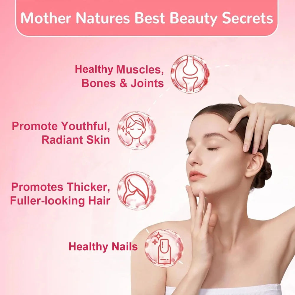 Advertisement for beauty products with a woman's face and text on a pink background