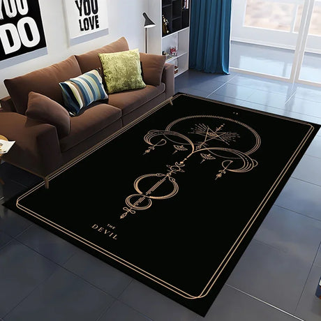 Black rug with decorative design in a living room setting