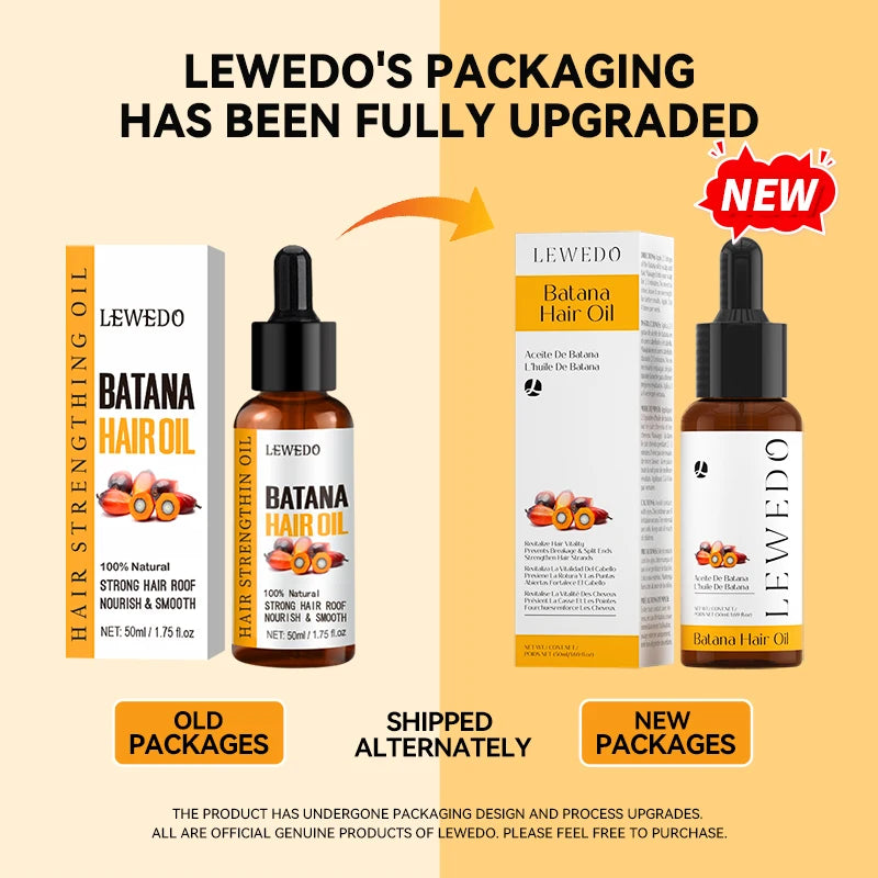 Comparison of Lewedo Batana Hair Oil packaging between old and new versions on a beige background.
