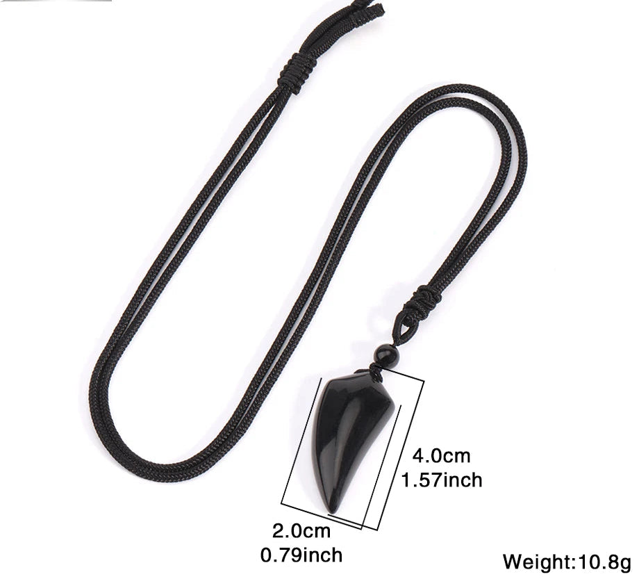 Black pendant necklace with measurements on a white background
