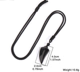 Black pendant necklace with measurements on a white background