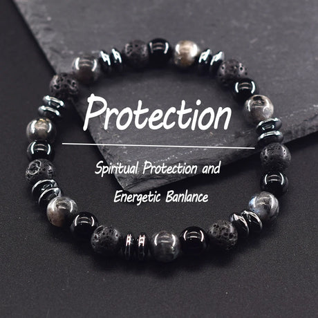 Black beaded bracelet with 'Protection' text on a dark background