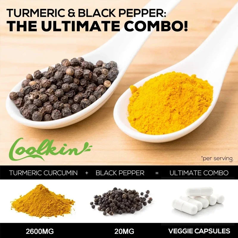 Turmeric and black pepper in bowls with Coelkin logo and product information.