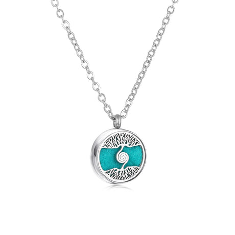 Necklace with a turquoise pendant featuring a tree design on a white background