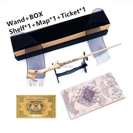 Wand, box, shelf, map, and ticket with text overlay on a white background