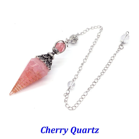 Pink pendant necklace with silver chain on a white background, labeled 'Cherry Quartz'.