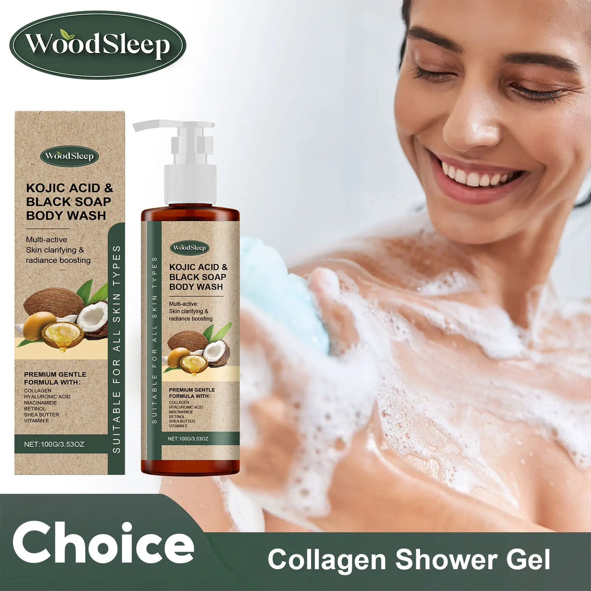 WoodSleep Kojic Acid & Black Soap Body Wash with a woman using the product, featuring the WoodSleep brand.