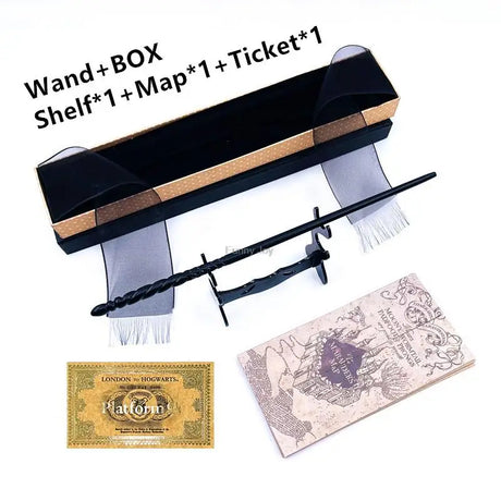Harry Potter-themed wand set with box, shelf, map, and ticket on a white background