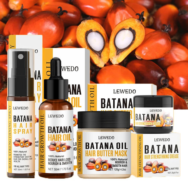 Collection of Lewedo Batana hair care products with palm oil fruits in the background