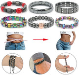 Collection of bracelets with before and after weight loss images, showing a person wearing them.