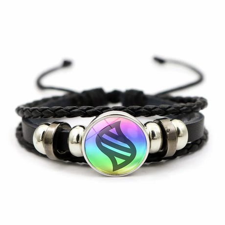 Black braided bracelet with a colorful circular charm on a white background