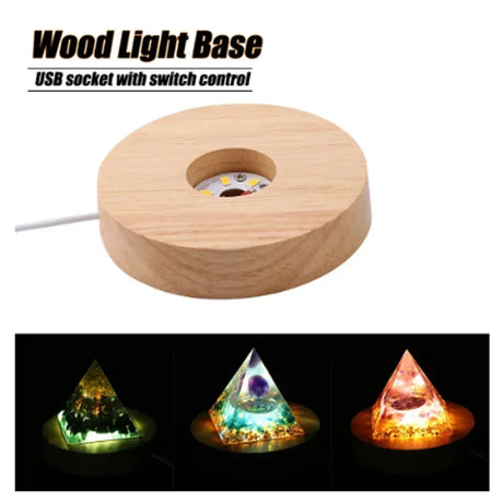 Wooden light base with USB socket and switch control, showing colorful pyramid lights.