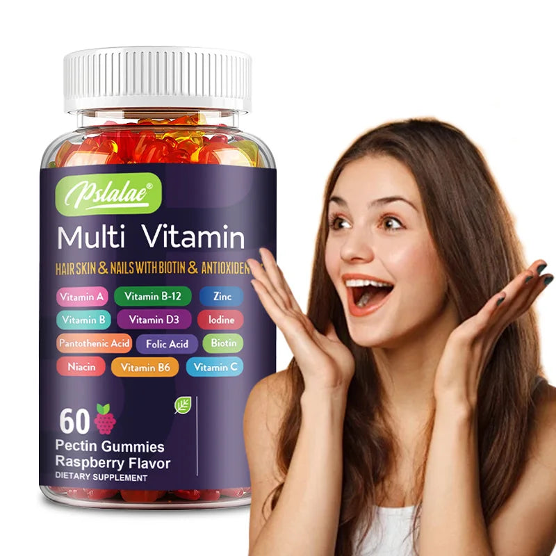 Psilalae Multi Vitamin gummy bottle with a woman excitedly showing it.