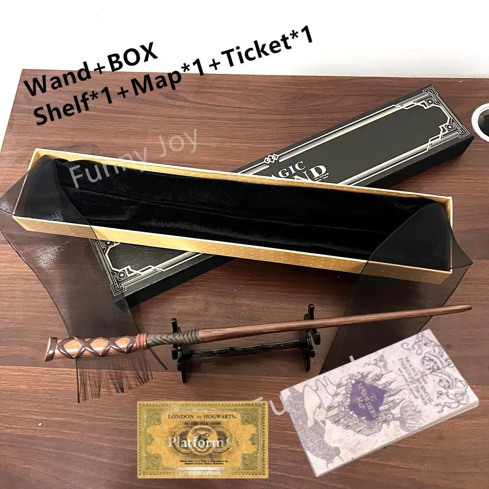 Harry Potter-themed wand set with box, shelf, map, and ticket on a wooden surface.