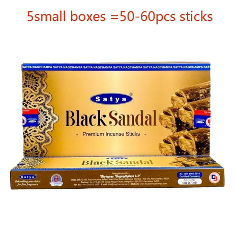 Box of Satya Black Sandal incense sticks with product details on a white background