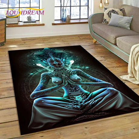 Rug with a skeleton design on a wooden floor in a living room.