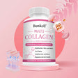 Bottle of Bunkell Multi Collagen supplement on a pink background