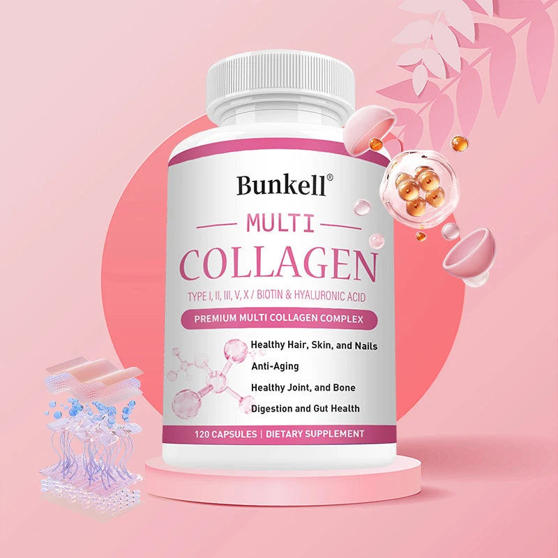 Bottle of Bunkell Multi Collagen supplement on a pink background