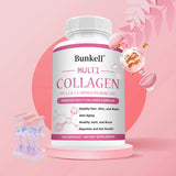 Bottle of Bunkell Multi Collagen supplement on a pink background