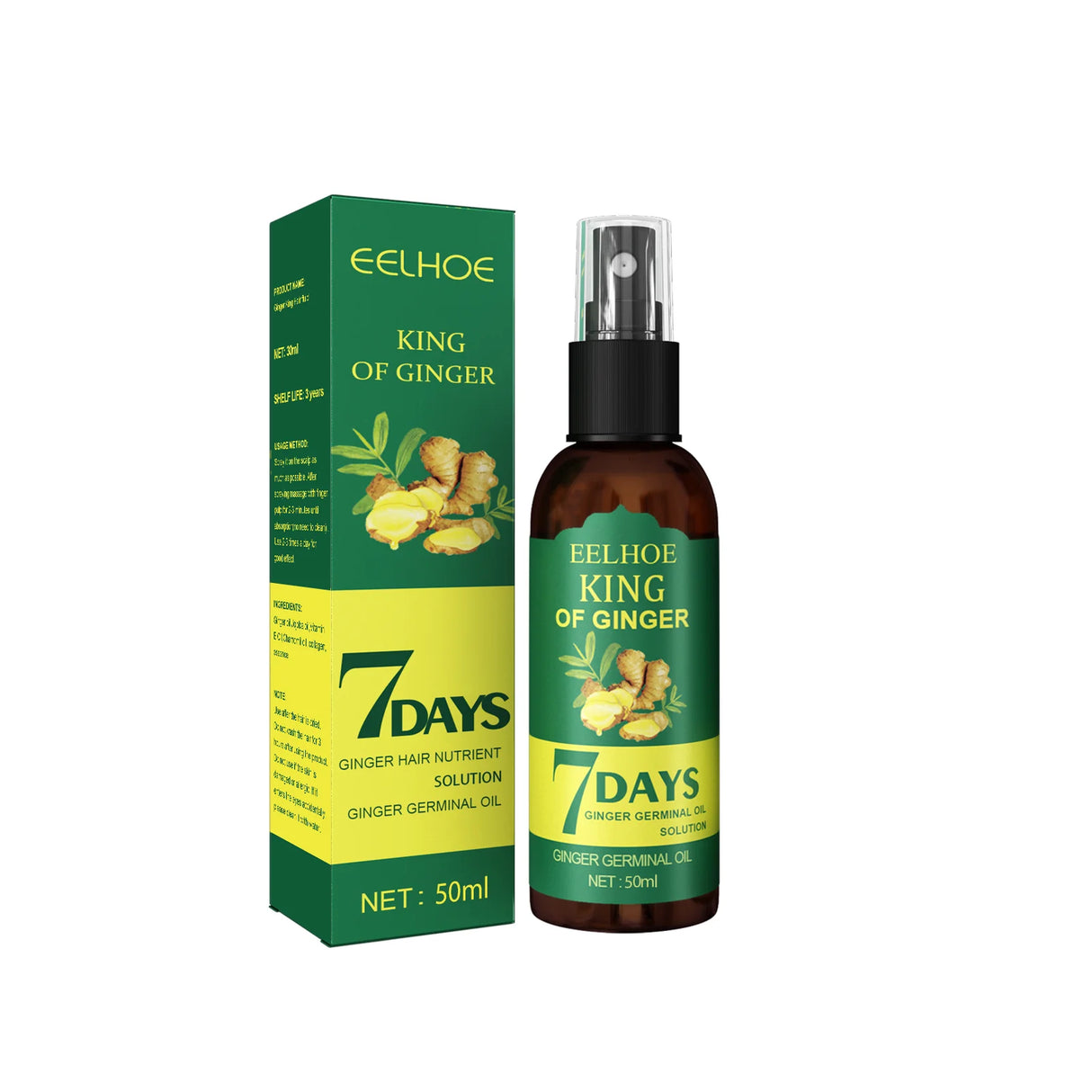 Eelhoe King of Ginger 7 Days hair care product with bottle and packaging on a white background