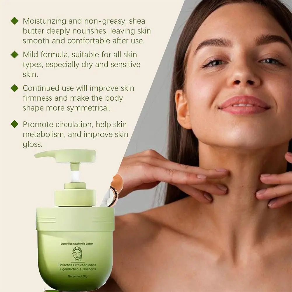 Woman applying green lotion to her neck with product and benefits text on the side.
