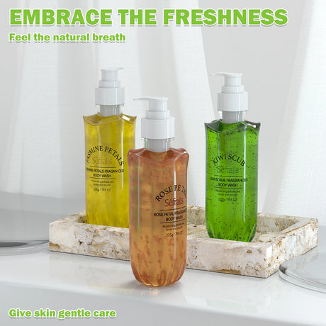 Three bottles of body wash on a tray with 'Embrace the Freshness' text.