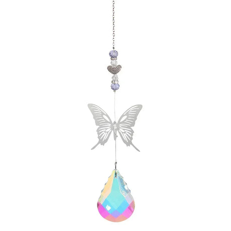 Decorative hanging ornament with a butterfly and colorful teardrop design on a white background