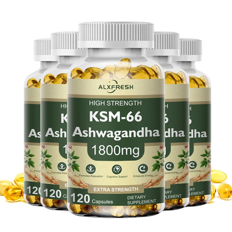 Multiple bottles of ALXFRESH KSM-66 Ashwagandha supplement on a white background