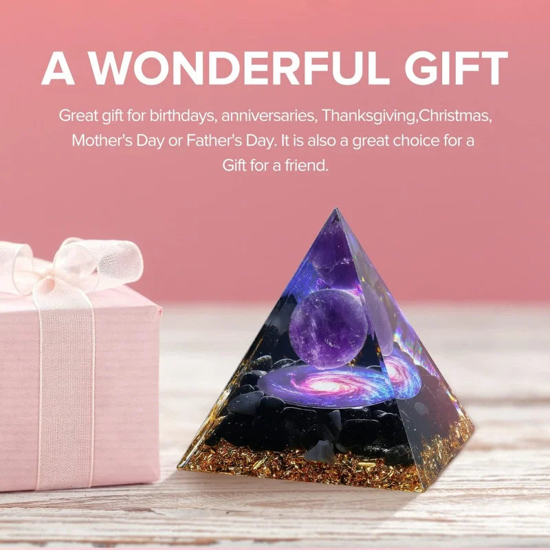 Pyramid-shaped decorative item with purple light on a pink background with text about it being a wonderful gift.