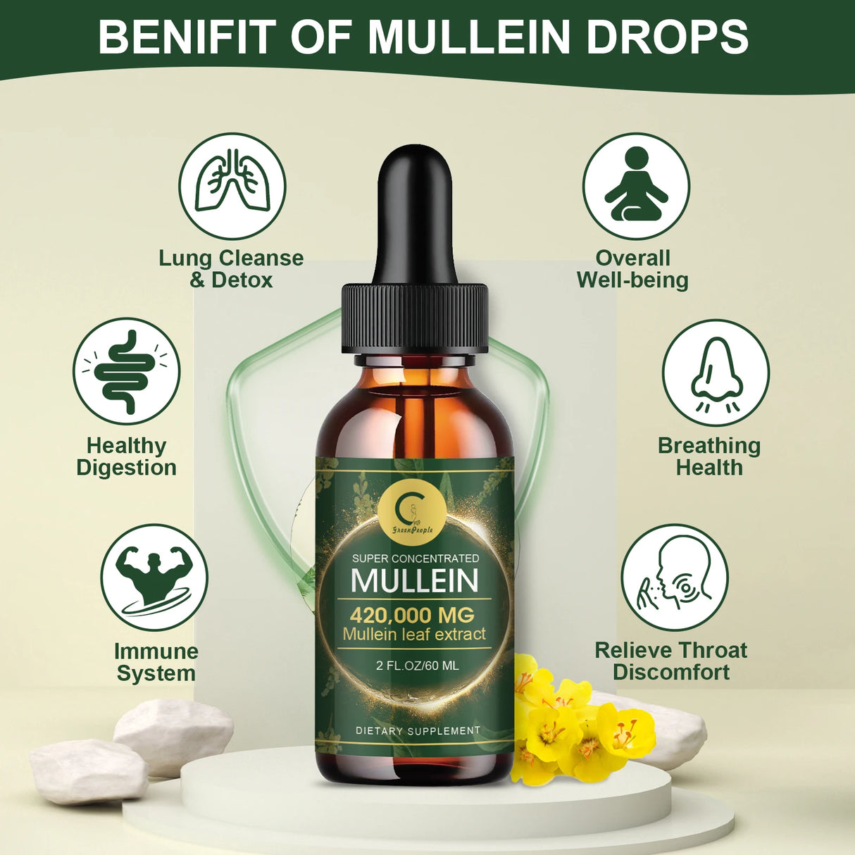 Bottle of mullein drops with benefits listed on a light green background