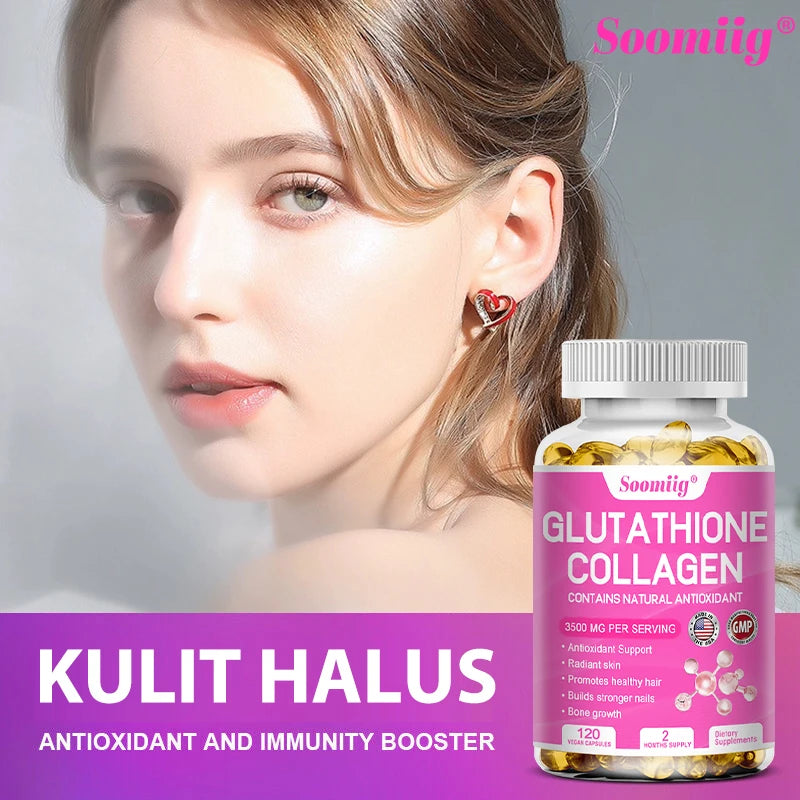 Vitamins bottle labeled 'Soomiiig Glutathione Collagen' with a woman's face in the background