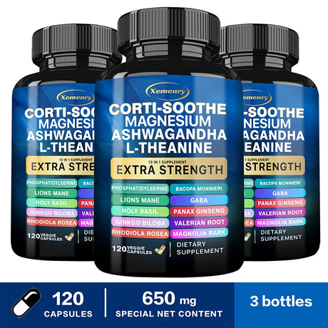 Three bottles of Xemenry Corti-Soothe Magnesium Ashwagandha L-Theanine supplements on a white background.