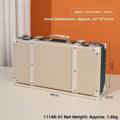 Beige and dark green suitcase with dimensions and weight information on an orange background