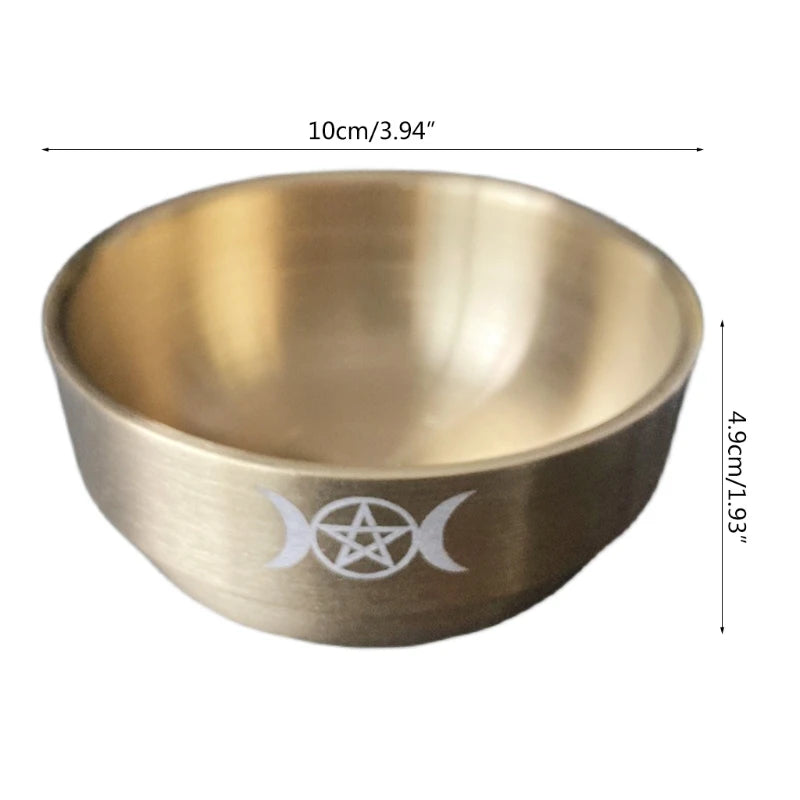 Brass bowl with a pentacle symbol and measurements on a white background