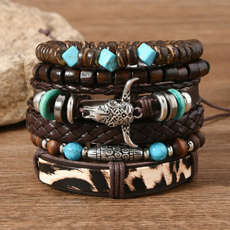 Stack of leather and beaded bracelets with decorative elements on a wooden surface