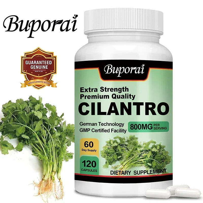 Buporai Cilantro supplement bottle with cilantro leaves on a white background