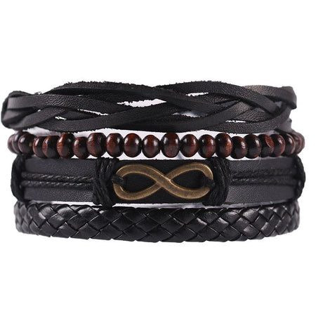 Black braided leather bracelet with wooden beads and an infinity symbol on a white background