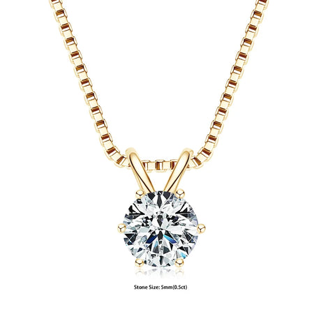 Gold necklace with a round diamond pendant on a white background