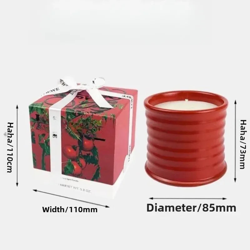 Red candle and packaging with dimensions labeled on a white background