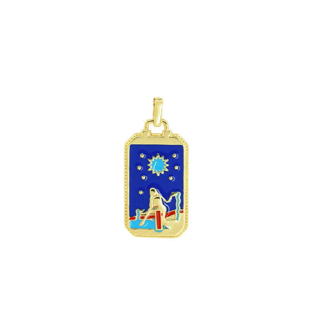Gold pendant with blue enamel design on a white background