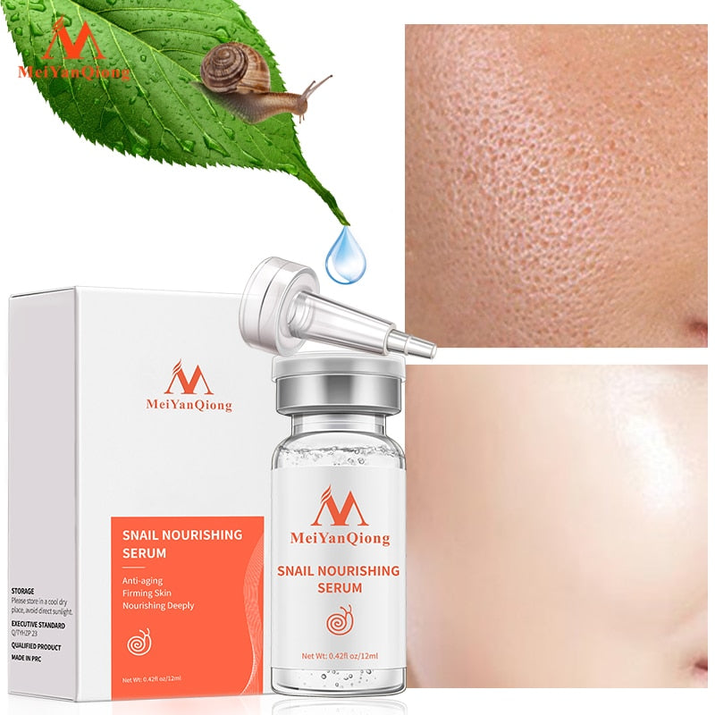 MeiYanQiong snail nourishing serum with packaging, snail on leaf, and skin before and after application.