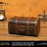 Vintage-style brown suitcase on a wooden surface with dimensions displayed.