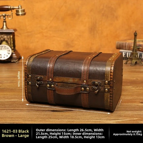 Vintage-style brown suitcase on a wooden surface with dimensions displayed.