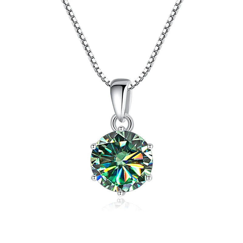 Silver necklace with a round, multicolored gemstone pendant on a white background