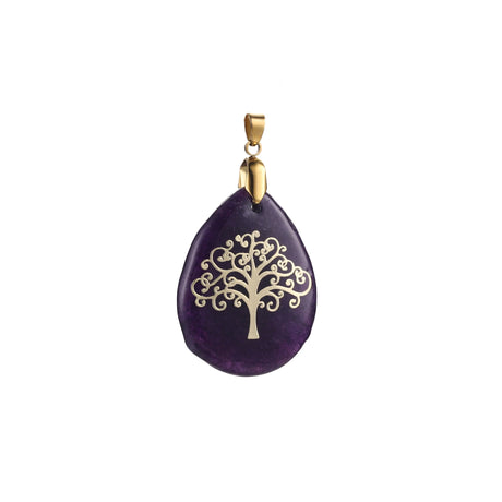 Purple teardrop pendant with gold tree design on a white background